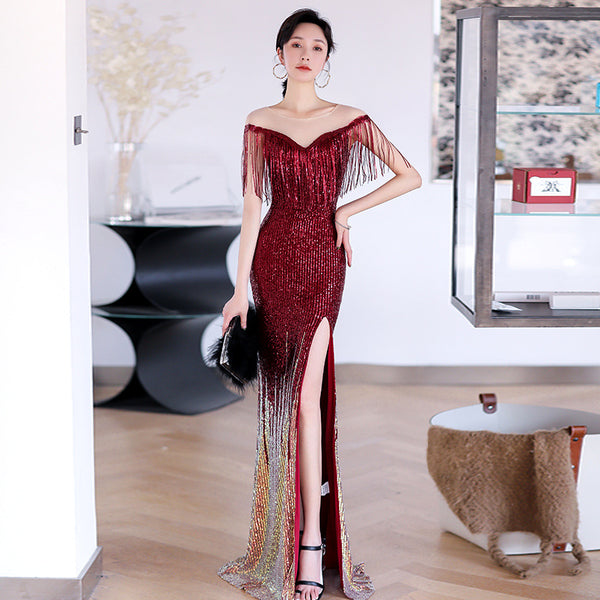 Shoulder Fringe Banquet Evening Dress 2025 New Mermaid Heavy-Work Dress for Hostess