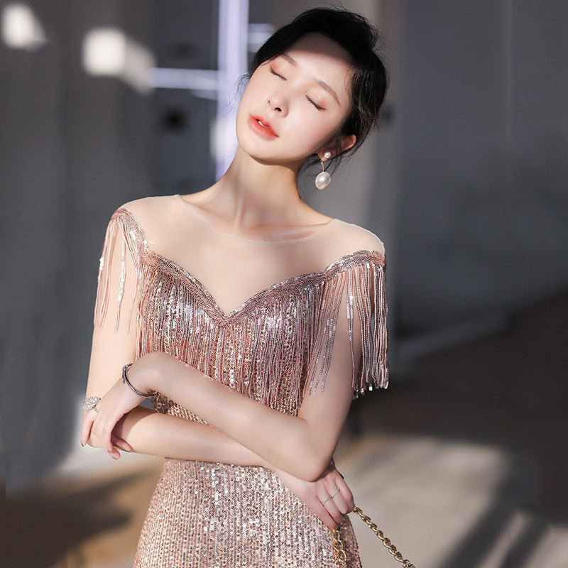 Večerní šaty s třásněmi na rameni, banketní šaty 2025, nové mořská panna, robustní šaty pro hostesku