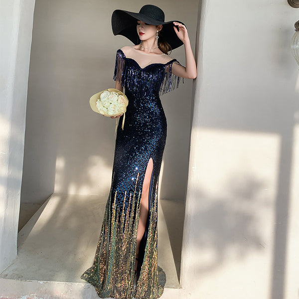 Shoulder Fringe Banquet Evening Dress 2025 New Mermaid Heavy-Work Dress for Hostess