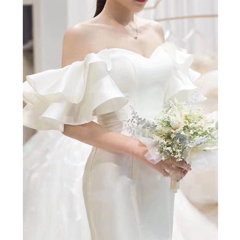 Korean-Style Satin Wedding Dress Simple and Elegant Bridal Dress with Mermaid Collar