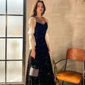 Černé dlouhé večerní šaty s dlouhým rukávem 2025 Novinka pro hostesku, narozeniny a banket