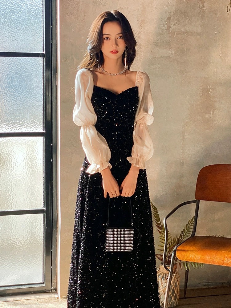 Černé dlouhé večerní šaty s dlouhým rukávem 2025 Novinka pro hostesku, narozeniny a banket