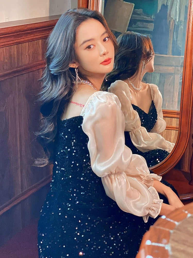 Černé dlouhé večerní šaty s dlouhým rukávem 2025 Novinka pro hostesku, narozeniny a banket