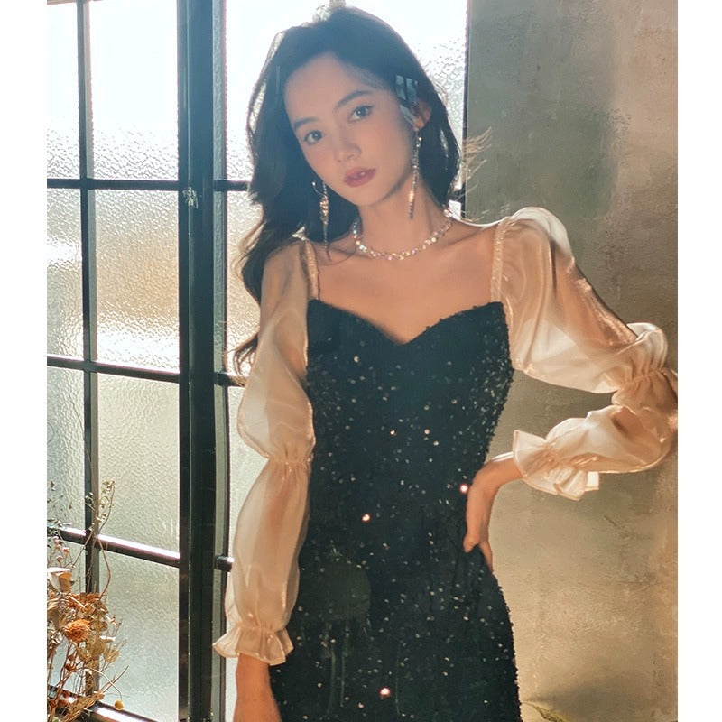 Černé dlouhé večerní šaty s dlouhým rukávem 2025 Novinka pro hostesku, narozeniny a banket