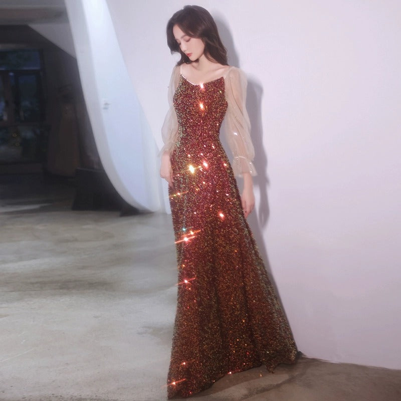 Černé dlouhé večerní šaty s dlouhým rukávem 2025 Novinka pro hostesku, narozeniny a banket