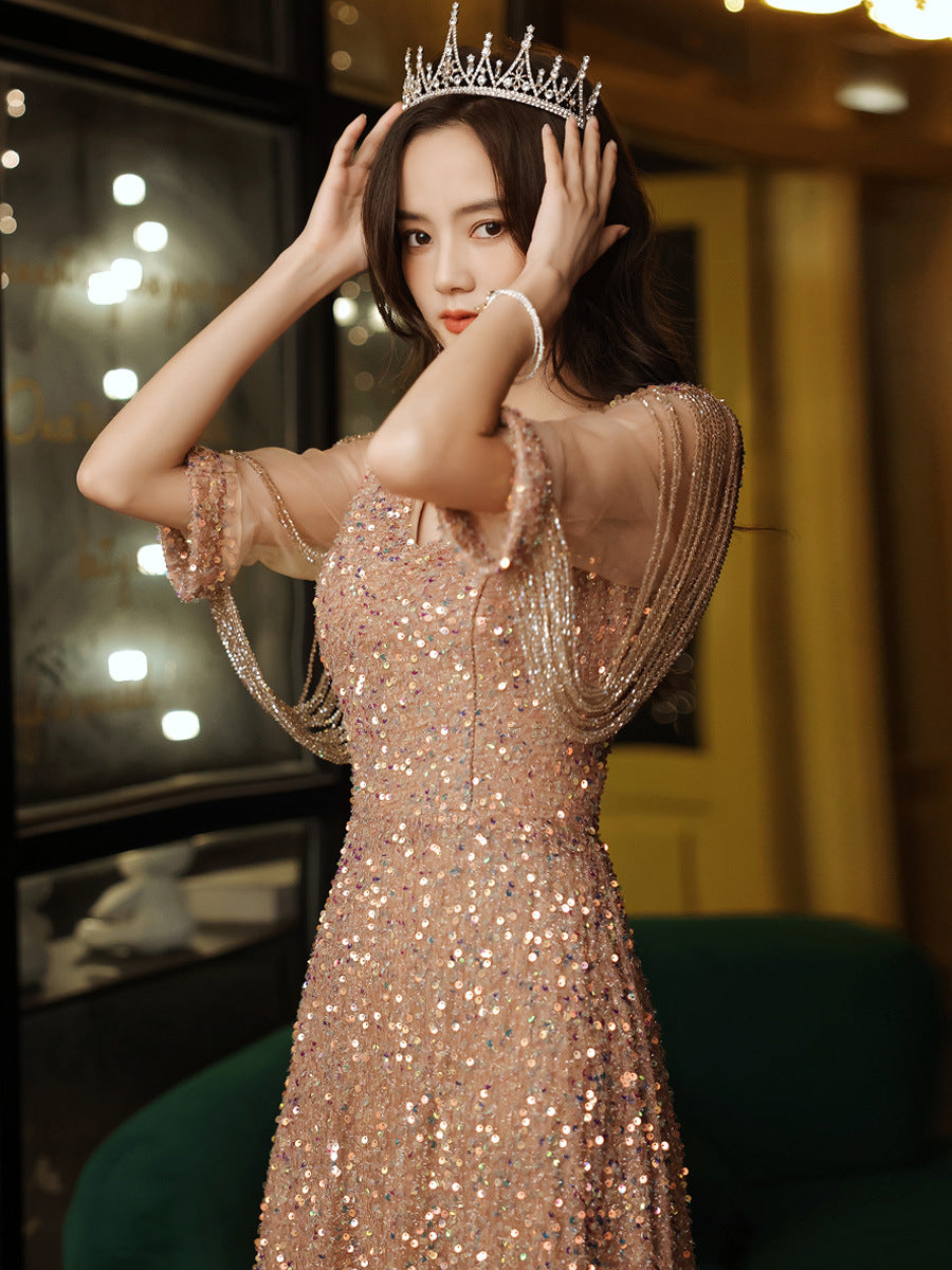 Večerní šaty vysoké kvality 2025 Champagne s flitry, dlouhé šaty s královskou aurou