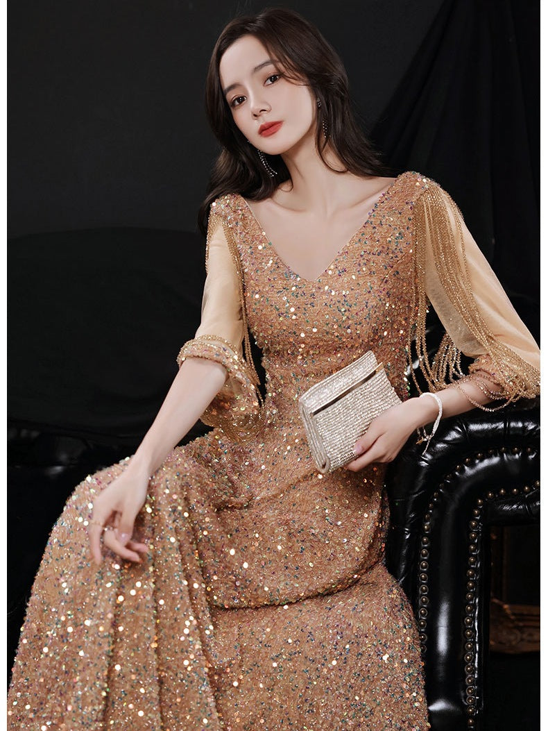 Večerní šaty vysoké kvality 2025 Champagne s flitry, dlouhé šaty s královskou aurou