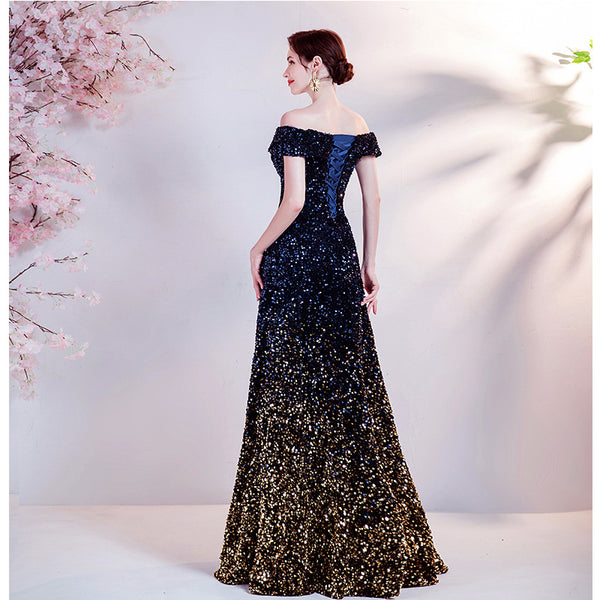 Robe de soirée de fin d'année noire dégradée avec ourlet sirène, nouvelle collection 2025