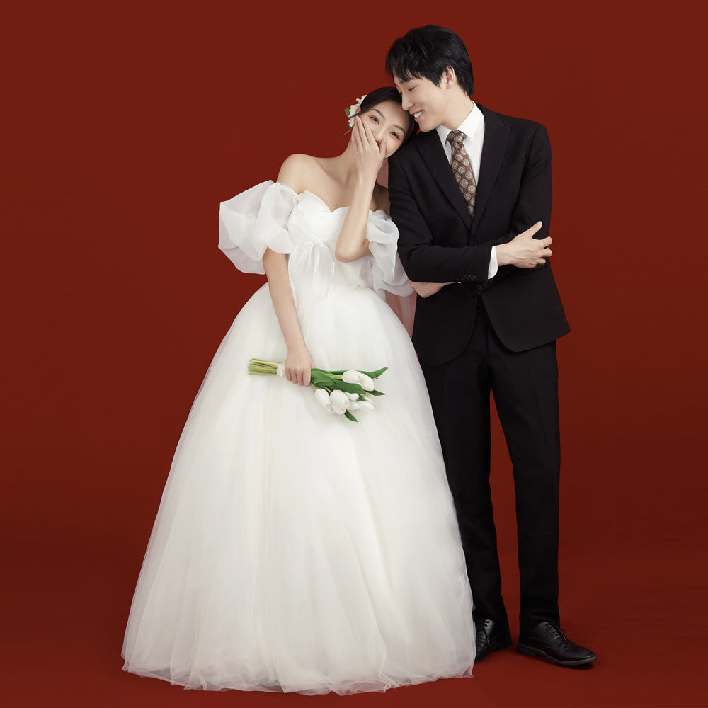 2025 NUEVO Vestido de novia de llegada con cuello de un solo hombro y mangas de burbujas