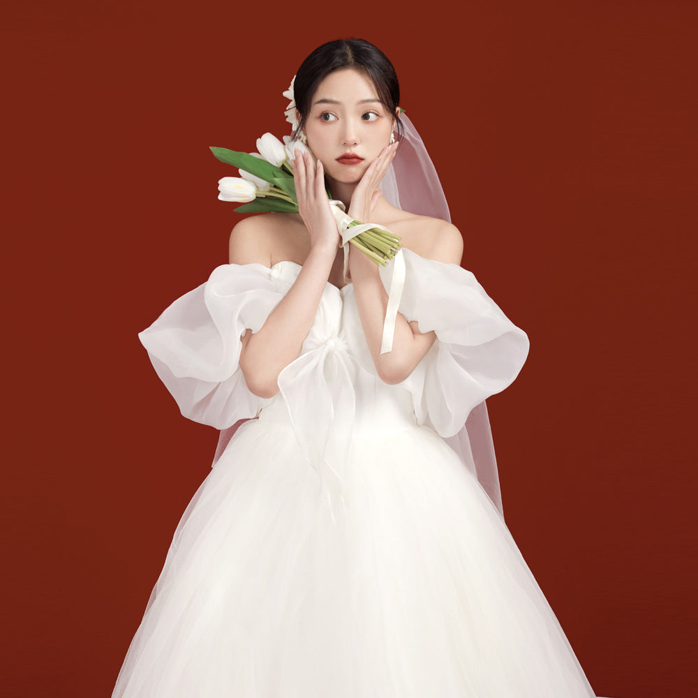 2025 NUEVO Vestido de novia de llegada con cuello de un solo hombro y mangas de burbujas