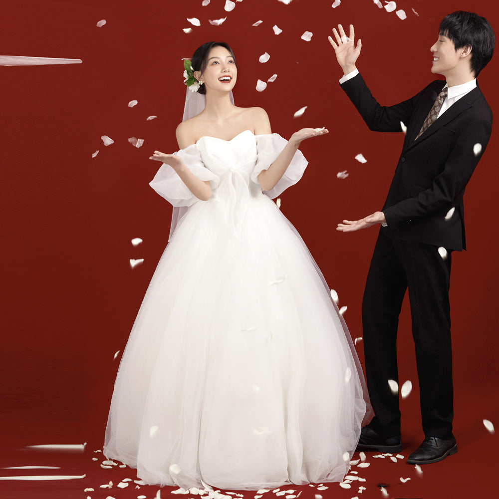 2025 NUEVO Vestido de novia de llegada con cuello de un solo hombro y mangas de burbujas