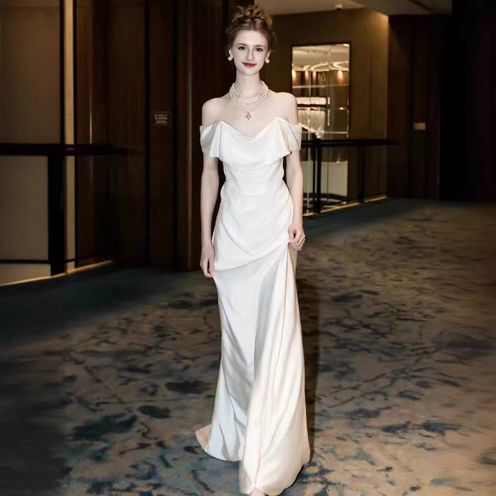 Off-Shoulder Satin Wedding Dress – Elegant White Gown for Brides or Civil Ceremonies