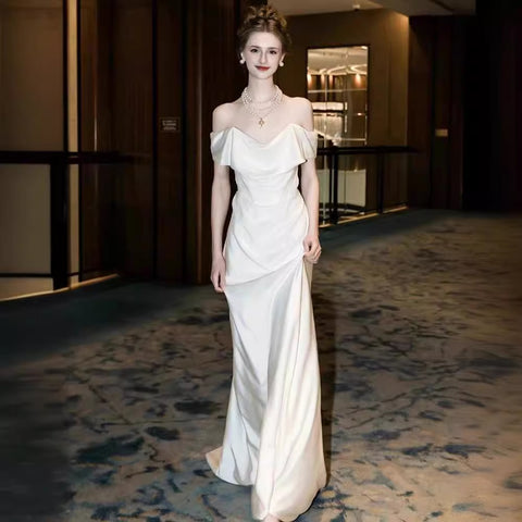 Off-Shoulder Satin Wedding Dress – Elegant White Gown for Brides or Civil Ceremonies