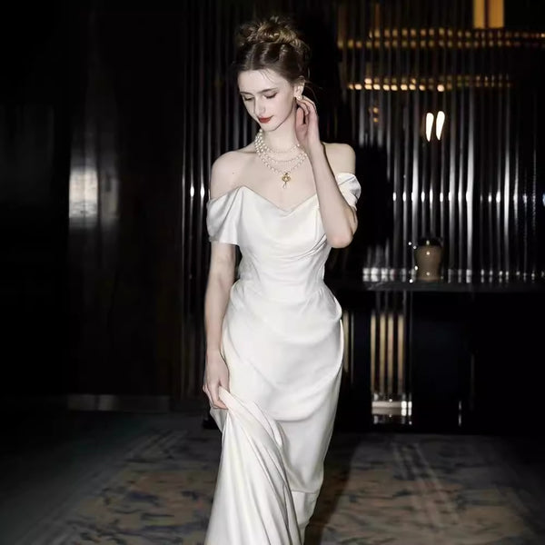Off-Shoulder Satin Wedding Dress – Elegant White Gown for Brides or Civil Ceremonies