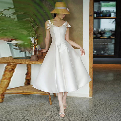 French Satin Party Dress – Elegant White Gown with Hepburn Flair for Brides