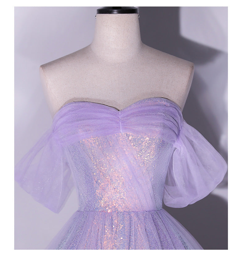 Fialové večerní šaty s odhalenými rameny – úzké tylové šaty 2025 pro bankety, svatby nebo hostesky