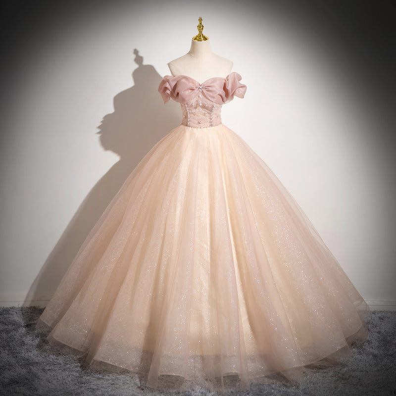 Světle modré šaty s odhalenými rameny – princeznovské šaty pro vokální vystoupení, gala večery nebo oslavy dospělosti