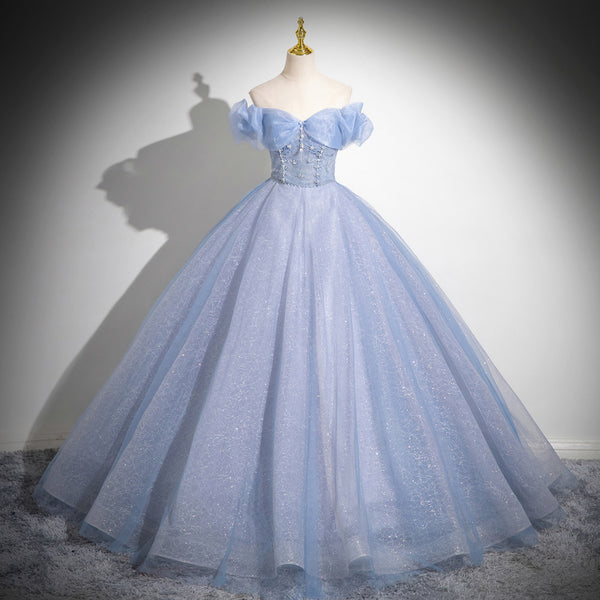 Light Blue Off-Shoulder Gown – Princess-Style Dress for Vocal Performances, Galas, or Coming-of-Age Events