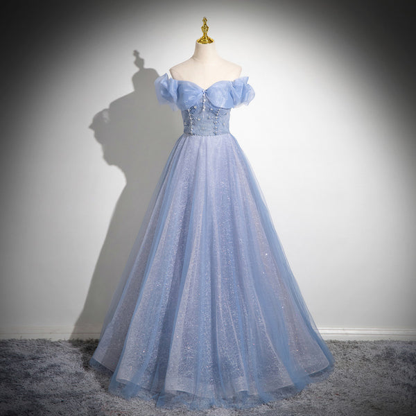 Light Blue Off-Shoulder Gown – Princess-Style Dress for Vocal Performances, Galas, or Coming-of-Age Events
