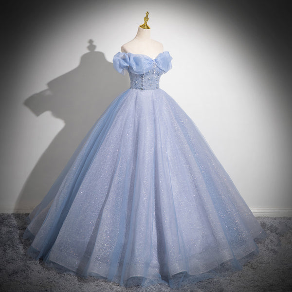 Light Blue Off-Shoulder Gown – Princess-Style Dress for Vocal Performances, Galas, or Coming-of-Age Events