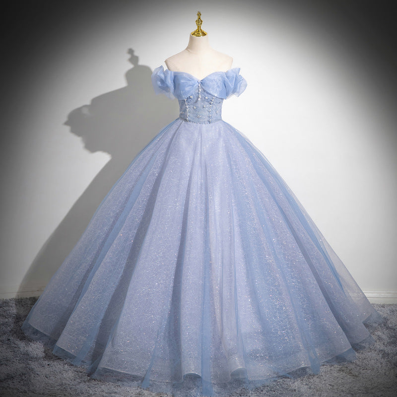 Light Blue Off-Shoulder Gown – Princess-Style Dress for Vocal Performances, Galas, or Coming-of-Age Events