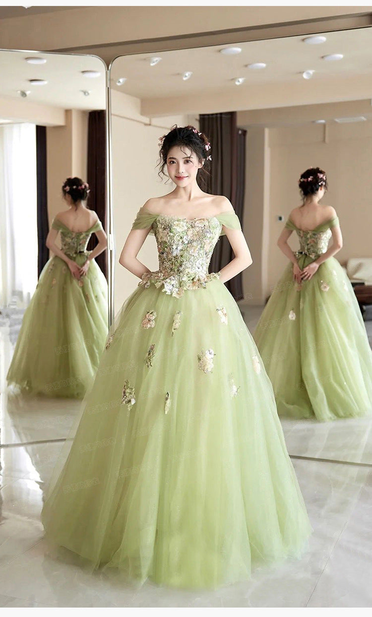 Floral Off-Shoulder Gown – 2025 Fresh and Romantic Look for Brides, Toast Ceremonies, or Event Hosts