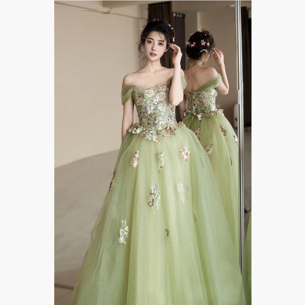 Floral Off-Shoulder Gown – 2025 Fresh and Romantic Look for Brides, Toast Ceremonies, or Event Hosts