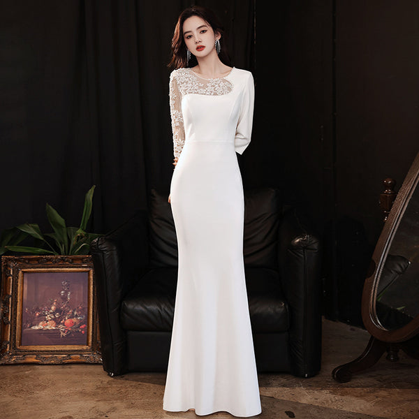 White Sheath Evening Dress – 2025 Summer Elegant Gown for Banquets or Event Hosts
