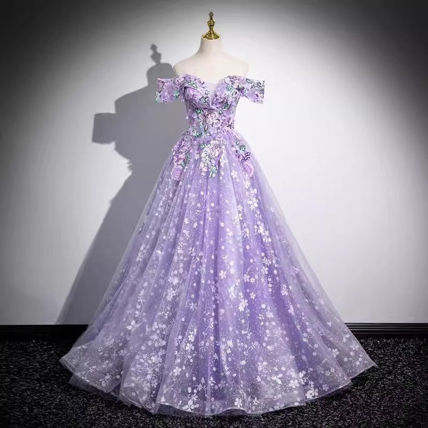 Graceful Purple Off-Shoulder Ball Gown Dress
