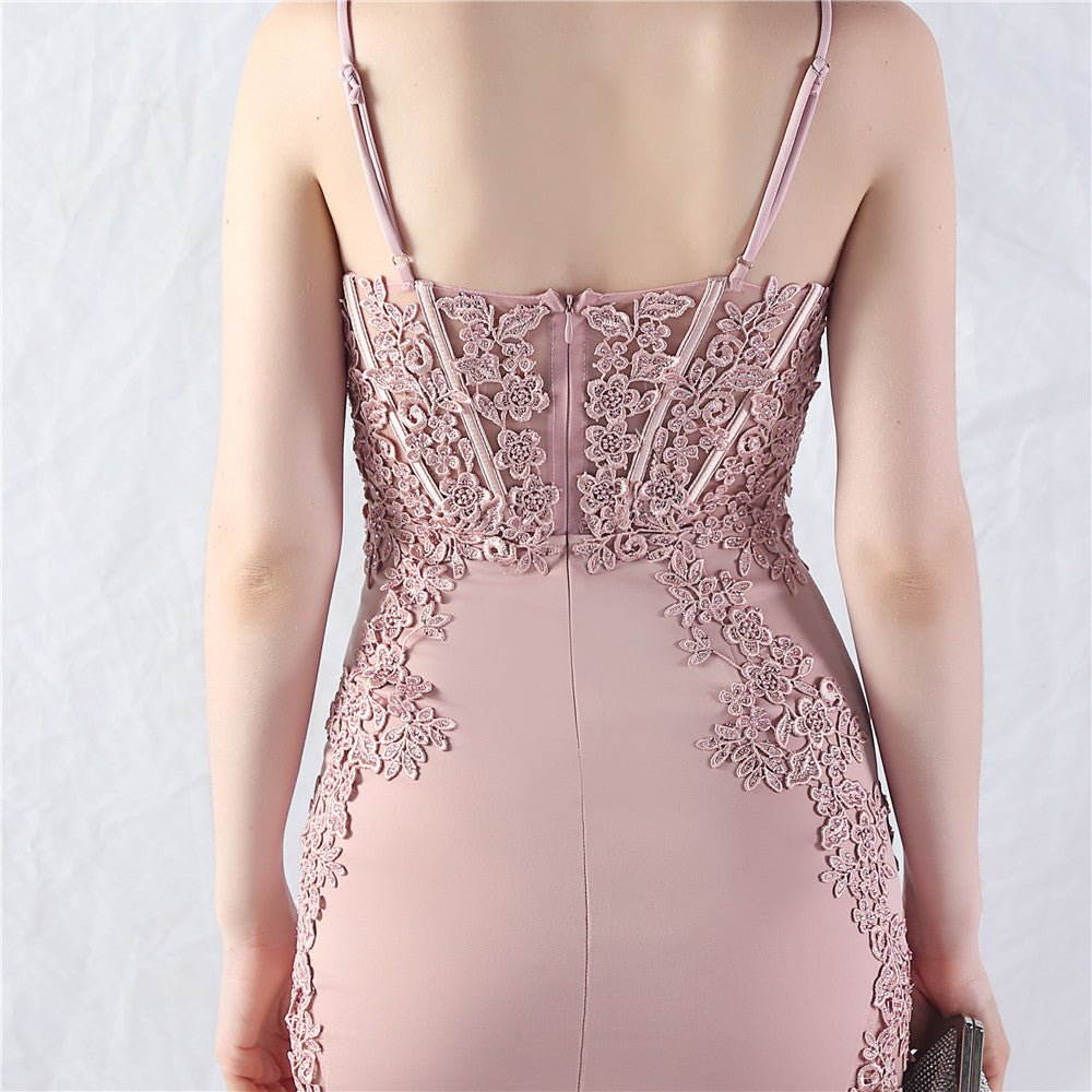 Elegant Off-the-Shoulder Evening Gown with Lace, Rhinestones, Corset Bodice, and Sweep Train