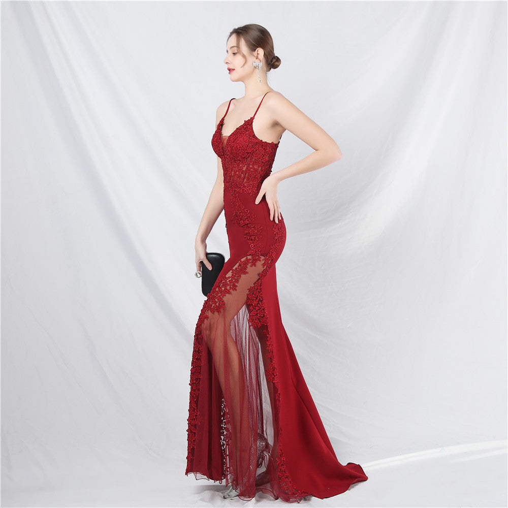 Elegant Off-the-Shoulder Evening Gown with Lace, Rhinestones, Corset Bodice, and Sweep Train
