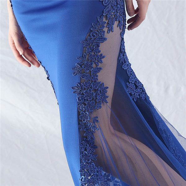 Elegant Off-the-Shoulder Evening Gown with Lace, Rhinestones, Corset Bodice, and Sweep Train