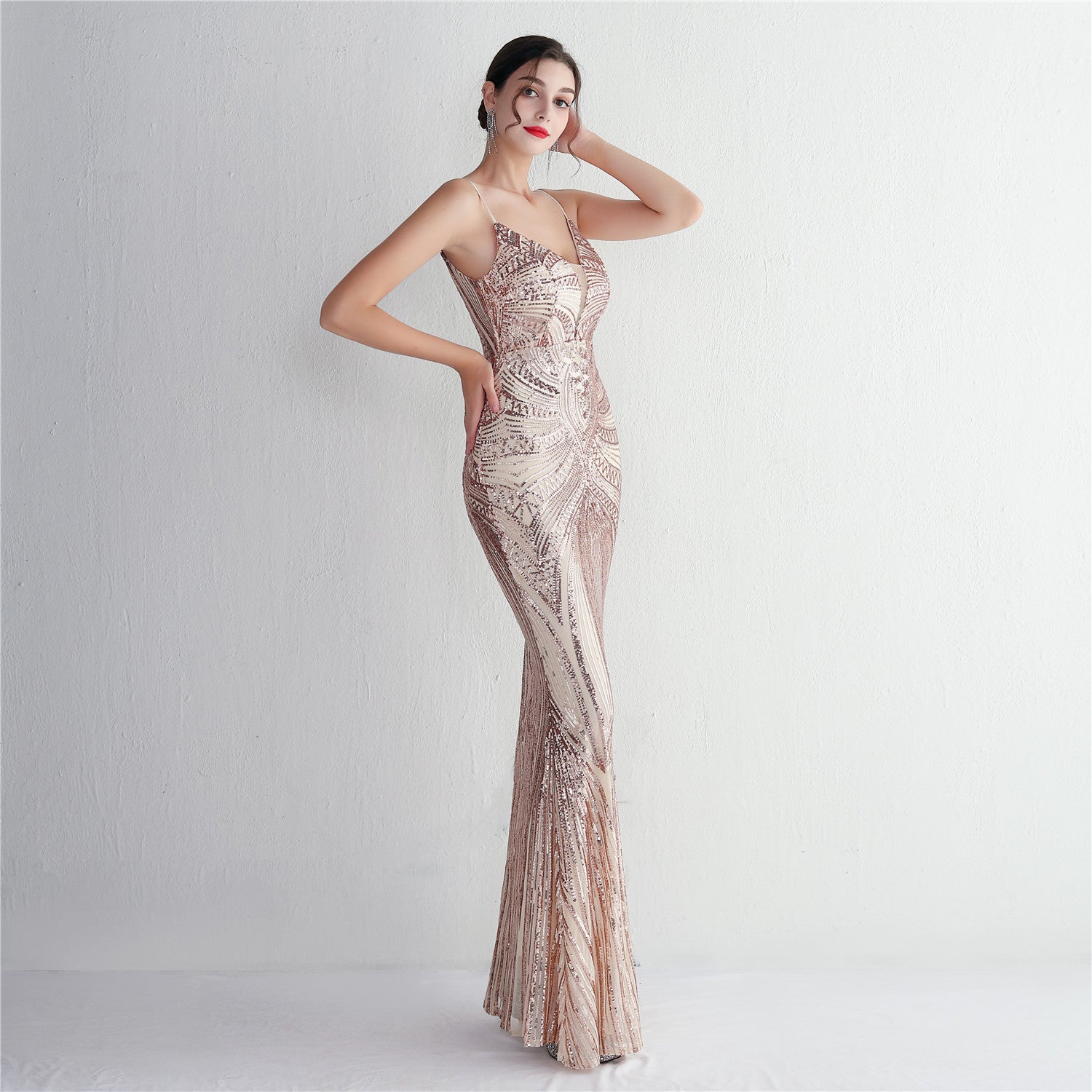 Slim-Fit Sequin Evening Gown with Floral Straps