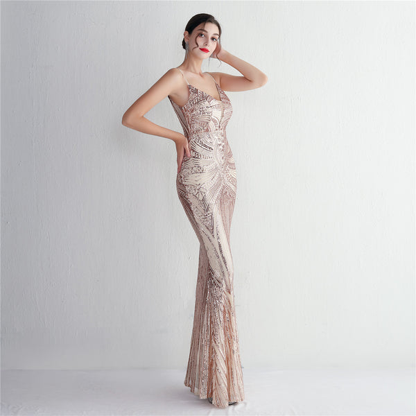 Slim-Fit Sequin Evening Gown with Floral Straps