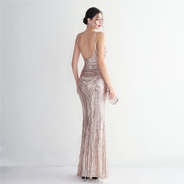 Slim-Fit Sequin Evening Gown with Floral Straps