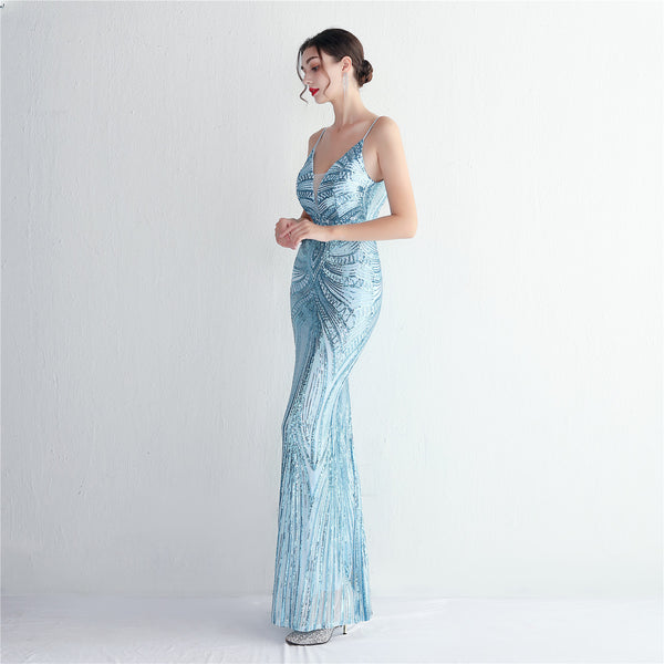 Slim-Fit Sequin Evening Gown with Floral Straps