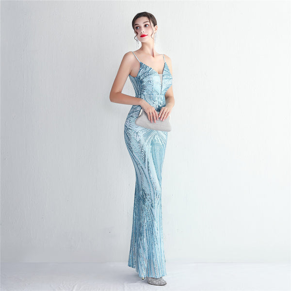 Slim-Fit Sequin Evening Gown with Floral Straps