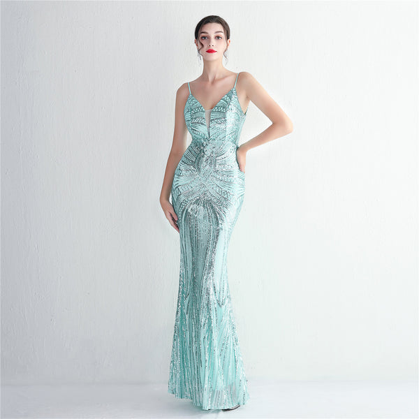 Slim-Fit Sequin Evening Gown with Floral Straps