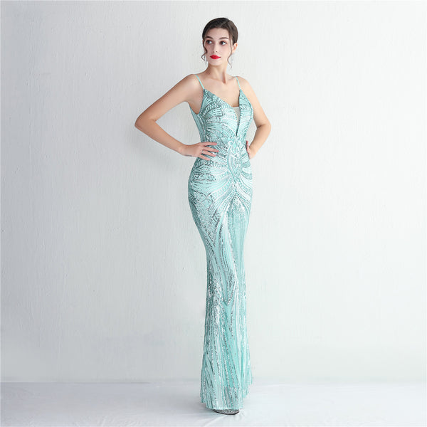 Slim-Fit Sequin Evening Gown with Floral Straps