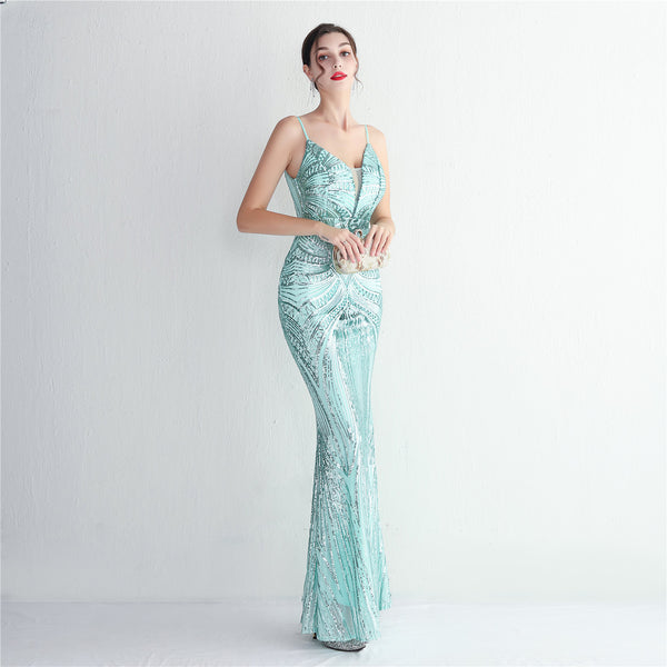 Slim-Fit Sequin Evening Gown with Floral Straps