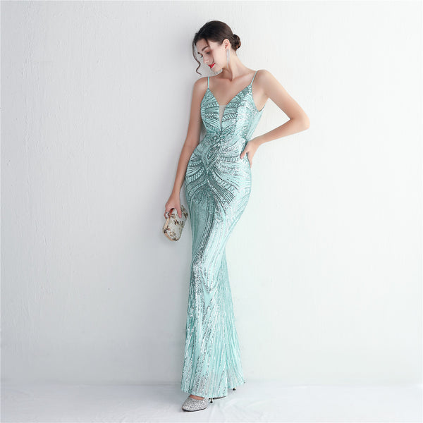 Slim-Fit Sequin Evening Gown with Floral Straps