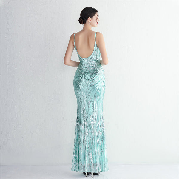 Slim-Fit Sequin Evening Gown with Floral Straps