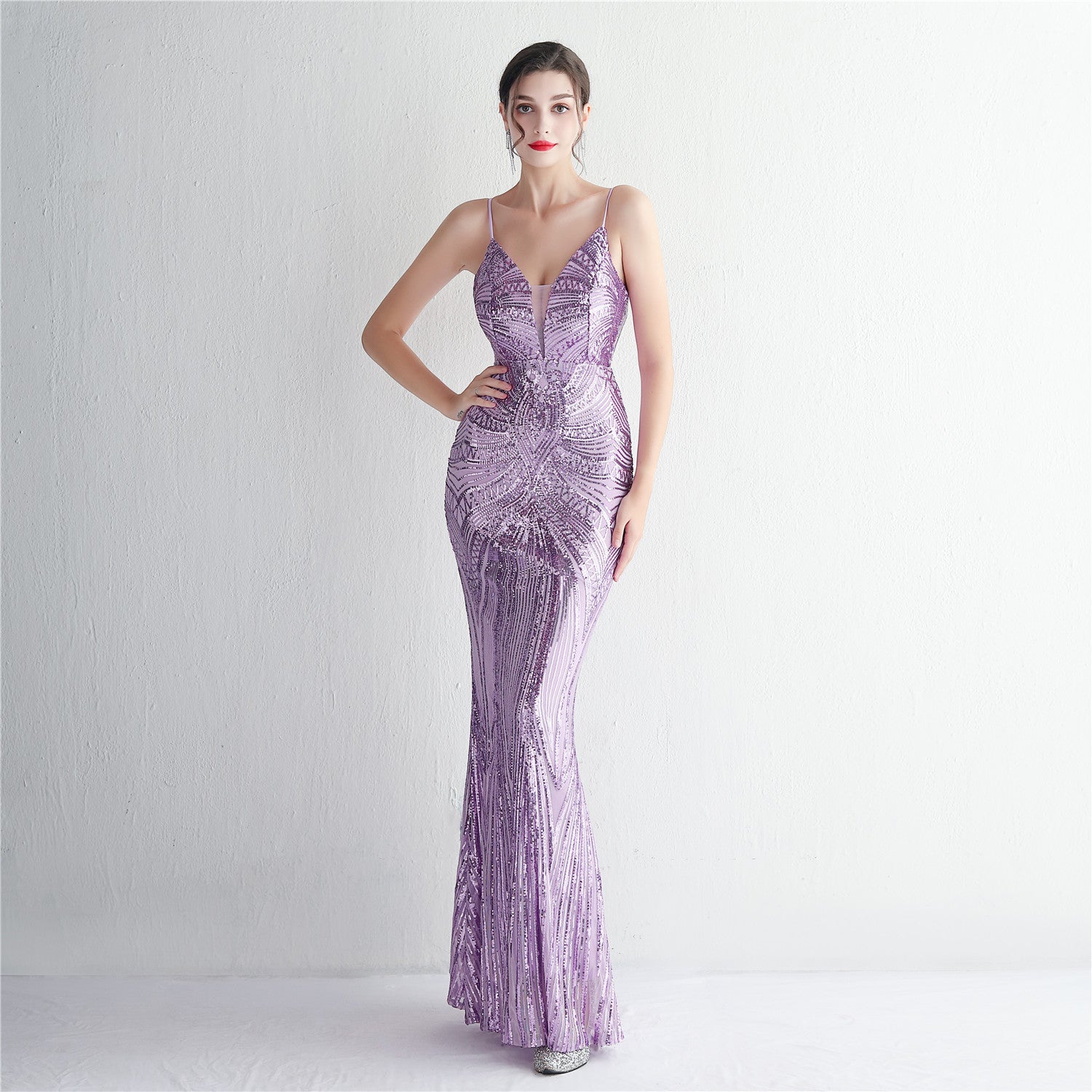 Slim-Fit Sequin Evening Gown with Floral Straps