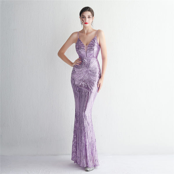 Slim-Fit Sequin Evening Gown with Floral Straps