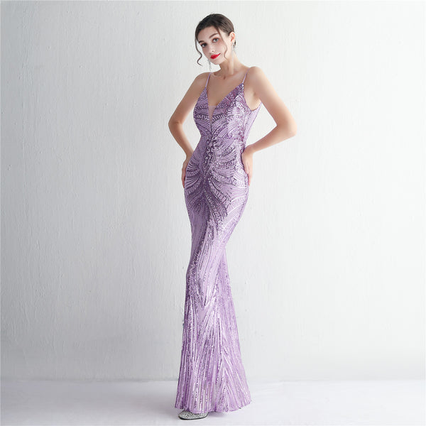 Slim-Fit Sequin Evening Gown with Floral Straps