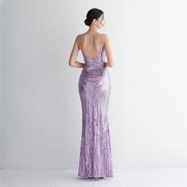 Slim-Fit Sequin Evening Gown with Floral Straps