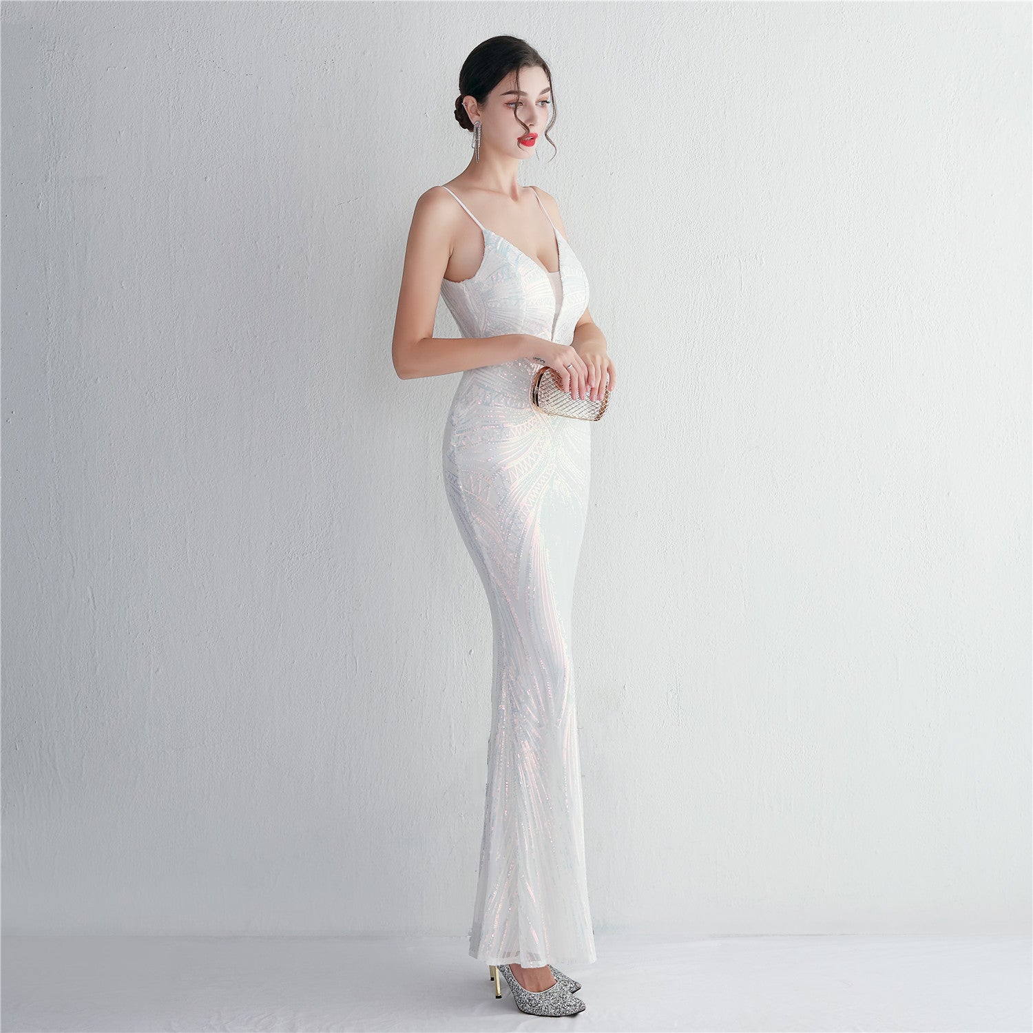 Slim-Fit Sequin Evening Gown with Floral Straps