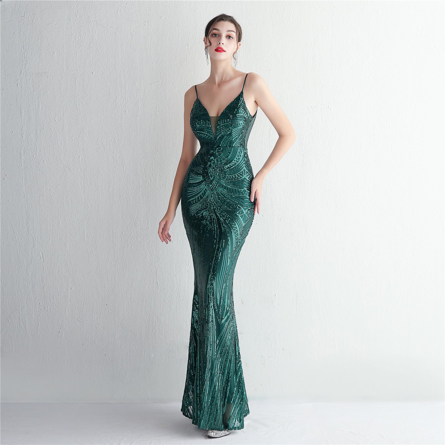 Slim-Fit Sequin Evening Gown with Floral Straps