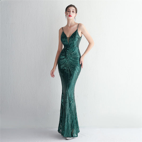 Slim-Fit Sequin Evening Gown with Floral Straps
