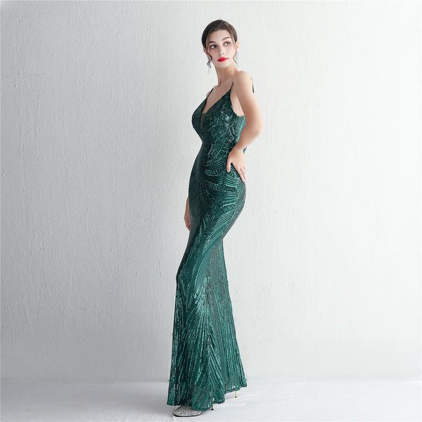 Slim-Fit Sequin Evening Gown with Floral Straps
